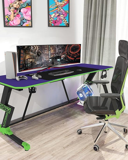 63 Inch Gaming Desk, with Carbon Fiber Surface, Lightning-Shaped PC Computer Table, with Headphone Holder, Cup Holder, Cable Management Box, Gaming Table for Gamer, Purple&Green - LeafyLoom