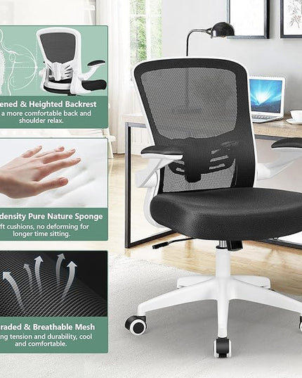 MINLOVE Office Chair Ergonomic Desk Chair with Lumbar Support and Height, Rolling Swivel Desk Chair with Wheels and Flip-up Arms, Breathable Mesh Executive Computer Chair for Home Office(White) - LeafyLoom