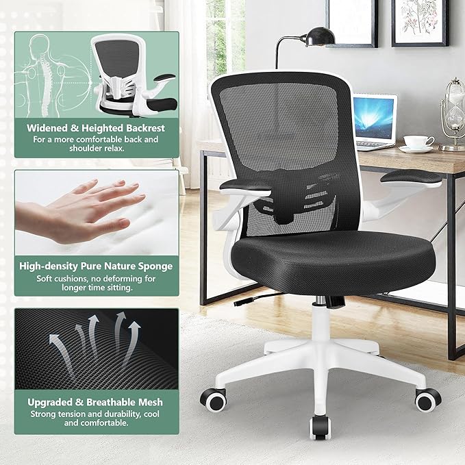 MINLOVE Office Chair Ergonomic Desk Chair with Lumbar Support and Height, Rolling Swivel Desk Chair with Wheels and Flip-up Arms, Breathable Mesh Executive Computer Chair for Home Office(White) - LeafyLoom