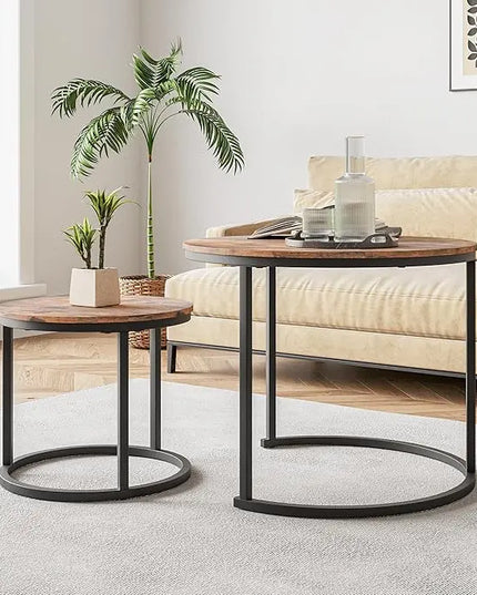 Round Coffee Table Set of 2 for Living Room,Black Small Coffee Table Living Room Table,Nesting Tables Metal Frame/Wood,Sturdy/Easy Assembly,Stacking Side Tables Bedroom,Rustic Brown - LeafyLoom