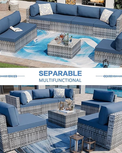 Shintenchi 7 Pieces Outdoor Patio Sectional Sofa Couch, Silver Gray PE Wicker Furniture Conversation Sets with Washable Cushions & Glass Coffee Table for Garden, Poolside, Backyard (Aegean Blue) - LeafyLoom