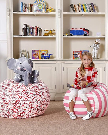 Aubliss Stuffed Animal Bean Bag Storage Chair, Beanbag Covers Only for Organizing Plush Toys, Turns into Bean Bag Seat for Kids When Filled, Medium 32"-Canvas Stripes Pink/White - LeafyLoom