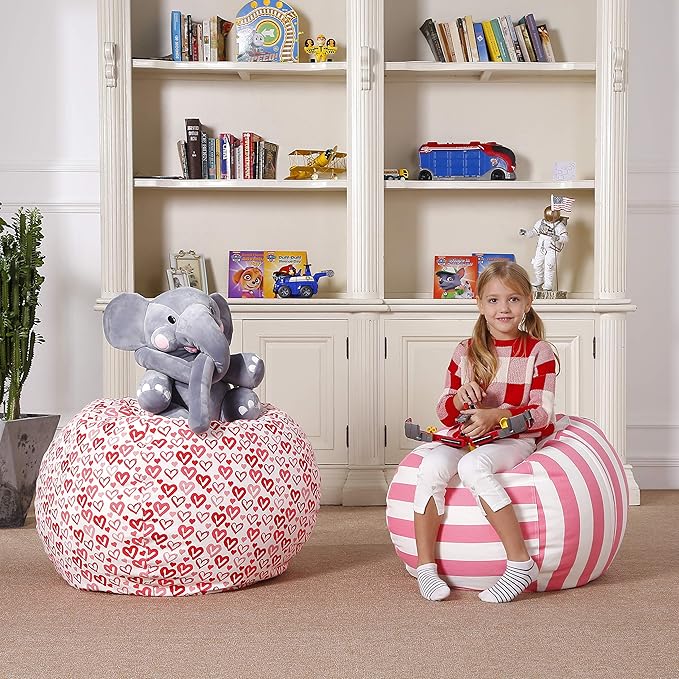 Aubliss Stuffed Animal Bean Bag Storage Chair, Beanbag Covers Only for Organizing Plush Toys, Turns into Bean Bag Seat for Kids When Filled, Medium 32"-Canvas Stripes Pink/White - LeafyLoom