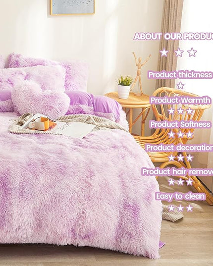 Tie dye Lavender Plush Fluffy Comforter Cover Set Queen - Ultra Soft Faux Fur tie dye Bedding Sets 3 Pieces (1 Shaggy Duvet Cover + 2 Pillow case) Fluffy Bed Set (Tie Dye Lavender, Queen) - LeafyLoom