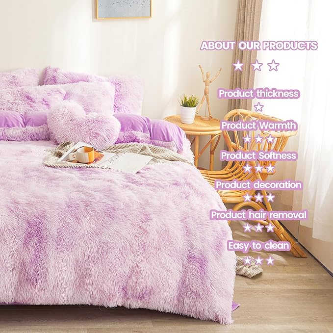 Tie dye Lavender Plush Fluffy Comforter Cover Set Queen - Ultra Soft Faux Fur tie dye Bedding Sets 3 Pieces (1 Shaggy Duvet Cover + 2 Pillow case) Fluffy Bed Set (Tie Dye Lavender, Queen) - LeafyLoom