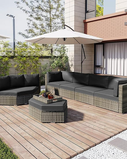 Patio 7-Piece Set, Half-Moon Curved Sectional Sofa Outdoor Rattan Furniture with Ottoman and No-Slip Cushions for Balcony, Porch, Garden, Zc-Grey - LeafyLoom