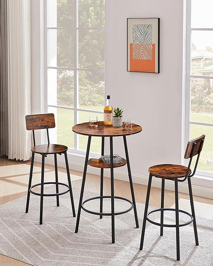 Dining Table Set for 2, Bar Table and Chairs Set, Industrial Counter Height Round Bar Table with Storage Shelf, and 2 Stools with Backrest & Footrest, for Kitchen, Bar, Small Space, Rustic Brown - LeafyLoom