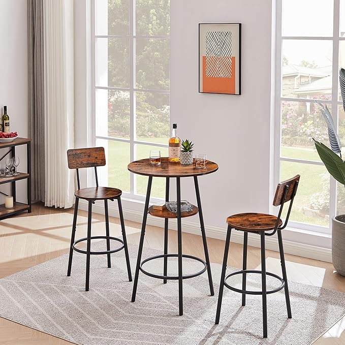 Dining Table Set for 2, Bar Table and Chairs Set, Industrial Counter Height Round Bar Table with Storage Shelf, and 2 Stools with Backrest & Footrest, for Kitchen, Bar, Small Space, Rustic Brown - LeafyLoom