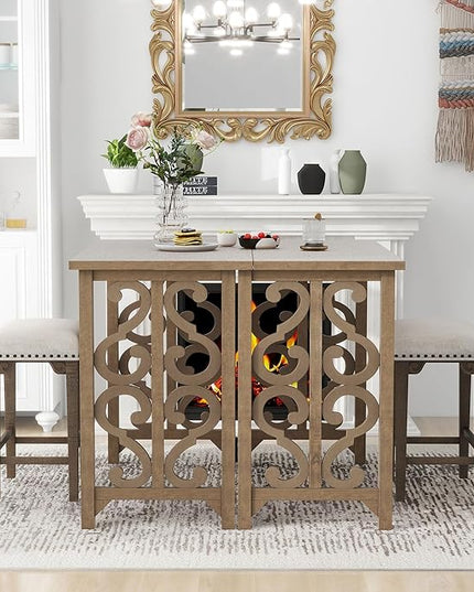 NicBex Small Dining Table for 2 Breakfast Nook Table Set 3-Piece Retro Dining Set Solid Wood Counter Height Pub Set Foldable Table with 2 Saddle Stools for Kitchen, Distressed Brown - LeafyLoom