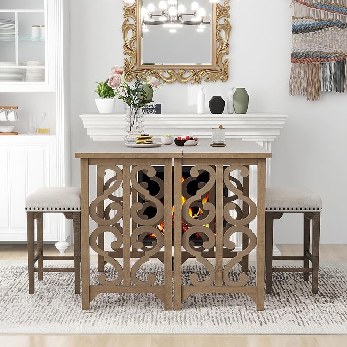 NicBex Small Dining Table for 2 Breakfast Nook Table Set 3-Piece Retro Dining Set Solid Wood Counter Height Pub Set Foldable Table with 2 Saddle Stools for Kitchen, Distressed Brown - LeafyLoom