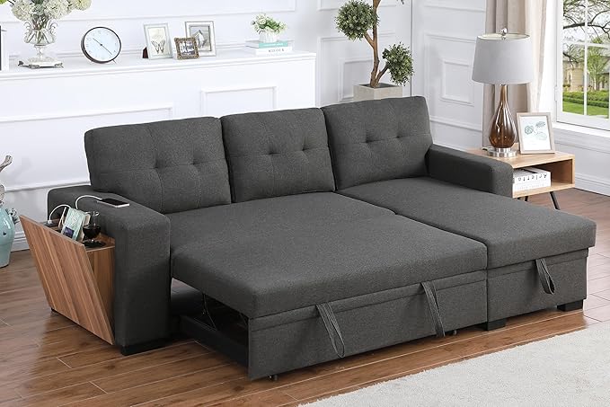 L Shaped Pull Out Couch with Storage Chaise & 3 Removable Back Cushions,Linen Upholstered Sectional Sleeper Sofa Bed W/Side Open Cup Holder&USB Port for Living Room,Office,Dark Grey,92" - LeafyLoom