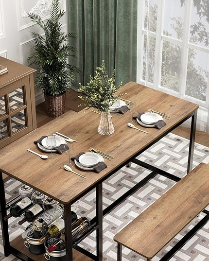 3-Piece Kitchen Table for 4, 54.7" Dining Table Set with 2 Benches, Dining Room Table with MDF Wood Board, Storage Shelf, Wine and Glass Rack, Industrial (Brown) - LeafyLoom