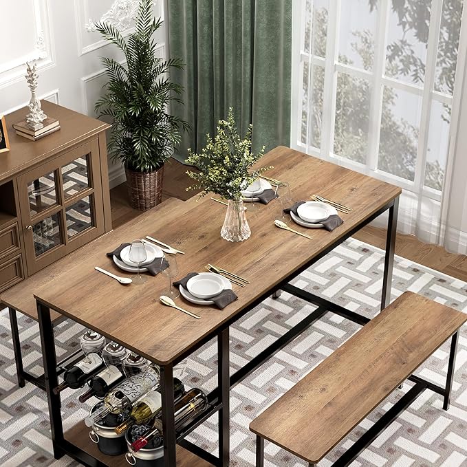 3-Piece Kitchen Table for 4, 54.7" Dining Table Set with 2 Benches, Dining Room Table with MDF Wood Board, Storage Shelf, Wine and Glass Rack, Industrial (Brown) - LeafyLoom