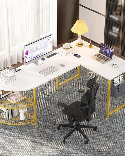 Unikito L Shaped Desk with Power Outlet, 98.4" Reversible Corner Computer Table with Storage Shelves and Bag, Modern 2 Person Large Long Desk for Home Office Writing Study Workstation, White - LeafyLoom