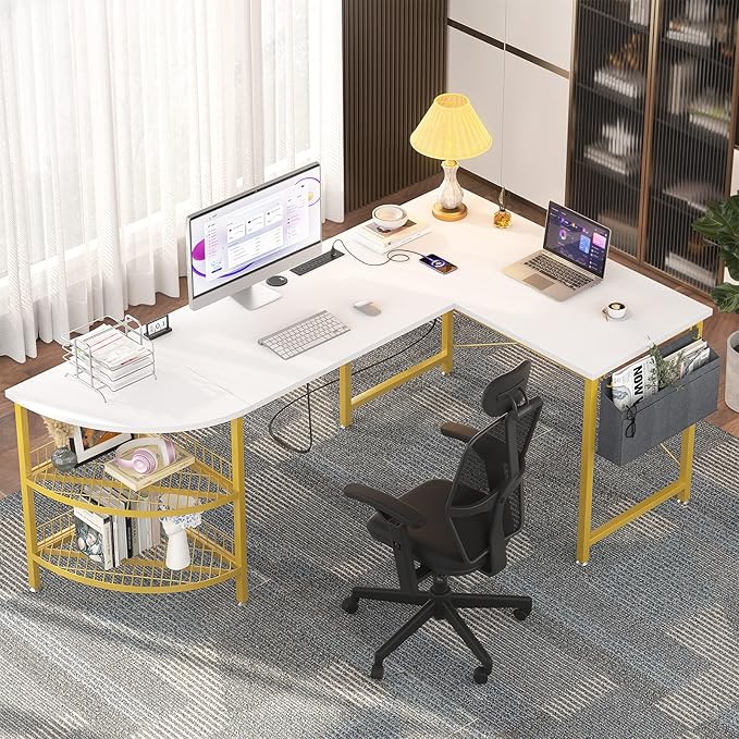 Unikito L Shaped Desk with Power Outlet, 98.4" Reversible Corner Computer Table with Storage Shelves and Bag, Modern 2 Person Large Long Desk for Home Office Writing Study Workstation, White - LeafyLoom