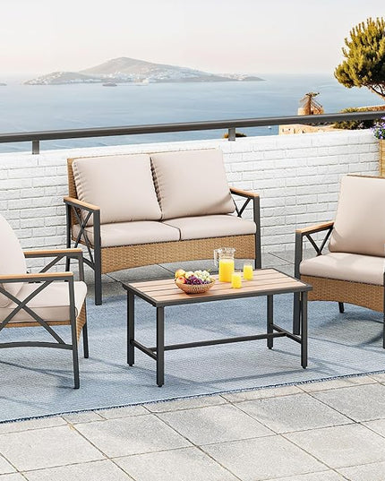 YITAHOME 4-Piece Patio Wicker Furniture Set with Wood Armrest, All Weather Rattan Conversation Furniture Sets for Backyard, Balcony, Deck w/Soft Cushions and Plastic Wood Table (Light Brown+Beige) - LeafyLoom