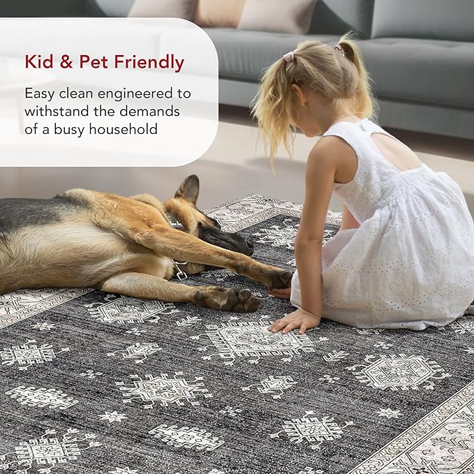 nuLOOM Mollie Machine Washable Traditional Border Ultra Thin Area Rug, 4x6, Charcoal - LeafyLoom