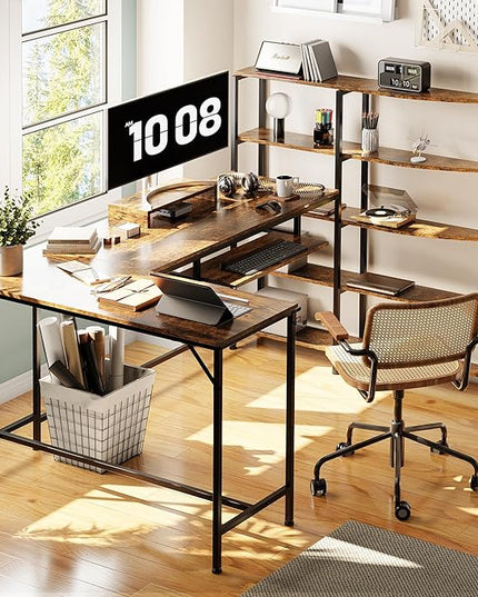 Shintenchi L Shaped Computer Desk, Multifunctional Gaming Desk with 5-Tier Storage Shelves, Monitor Stand, Keyboard Tray & Hook, Modern Style Study Workstation for Home Office, Vintage Brown - LeafyLoom