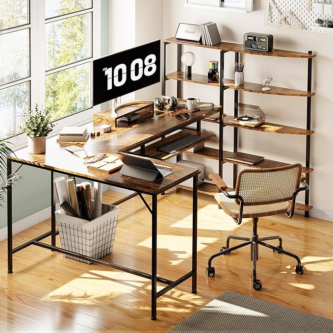Shintenchi L Shaped Computer Desk, Multifunctional Gaming Desk with 5-Tier Storage Shelves, Monitor Stand, Keyboard Tray & Hook, Modern Style Study Workstation for Home Office, Vintage Brown - LeafyLoom