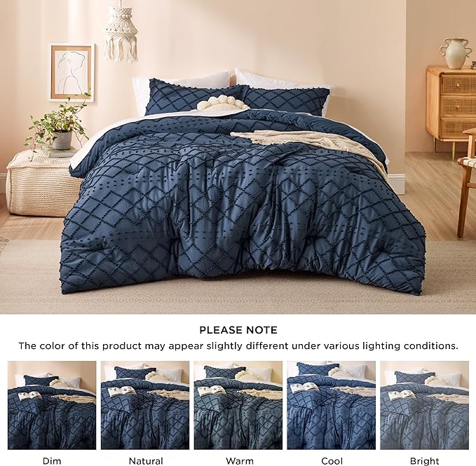 Bedsure California King Comforter Set - Navy Comforter, Boho Tufted Shabby Chic Bedding Comforter Set, 3 Pieces Farmhouse Bed Set for All Seasons, Fluffy Soft Bedding Set with 2 Pillow Shams - LeafyLoom