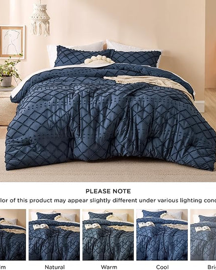 Bedsure Full Size Comforter Set - Navy Blue Comforter, Boho Tufted Shabby Chic Bedding Comforter Set, 3 Pieces Vintage Farmhouse Bed Set for All Seasons, Fluffy Bedding Set with 2 Pillow Shams - LeafyLoom