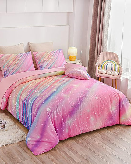 Btargot 6 Pieces Pink Gradient Star Ring Comforter Set for Boys Girls Teens, Twin Size Colorful Glitter Rainbow Star Galaxy Bedding Set - LeafyLoom
