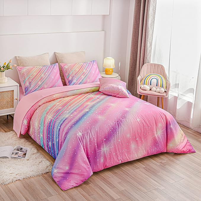 Btargot 6 Pieces Pink Gradient Star Ring Comforter Set for Boys Girls Teens, Twin Size Colorful Glitter Rainbow Star Galaxy Bedding Set - LeafyLoom