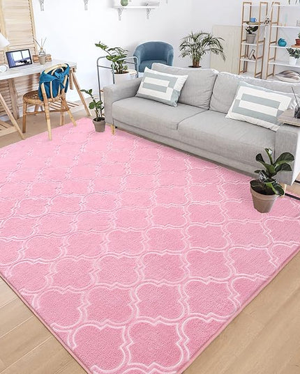 Chicrug Shag Geometric Modern Area Rug for Living Room, 7x10 Feet Large Memory Foam Indoor Carpet, Fluffy Rug for Bedroom Bedside Room Decor for Family Girls Kids Nursery, Pink/White - LeafyLoom