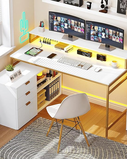 YITAHOME L Shaped Desk with Drawers, 55" Corner Computer Desk with Power Outlets & LED Lights, Large L-Shaped Office Desk with File Cabinet, White & Gold - LeafyLoom
