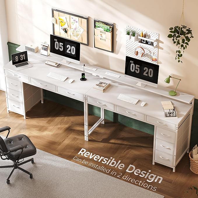 Gaming Desk with 6 Drawers, Computer Desk with LED Lights Power Outlets and Type-C, 39 Inch Office Desk with Storage, Monitor Stand, Writing Desk Work Desk Home Office, Bedroom, Study, White - LeafyLoom