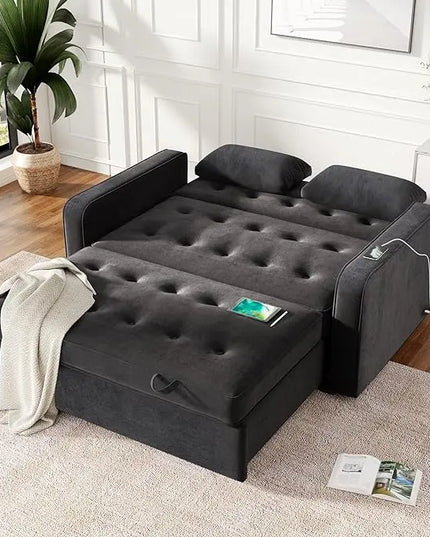 3 in 1 Multi-Functional Pull Out Sofa Bed , Velvet Upholstered Convertible Sleeper Loveseat Couch Guest Daybed with Adjustable Backrest and Dual USB Charging Port for Living Room Office RV Furniture - LeafyLoom