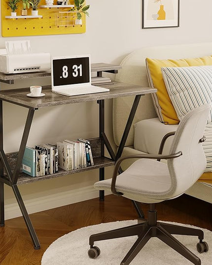 COTUBLR Small Desk, Small Computer Desk for Small Spaces, 27.5 Inch Computer Desk with Adjustable Monitor Stand, Compact Desk with Storage, Tiny Desk Study Desk for Bedroom Home Office, Grey - LeafyLoom
