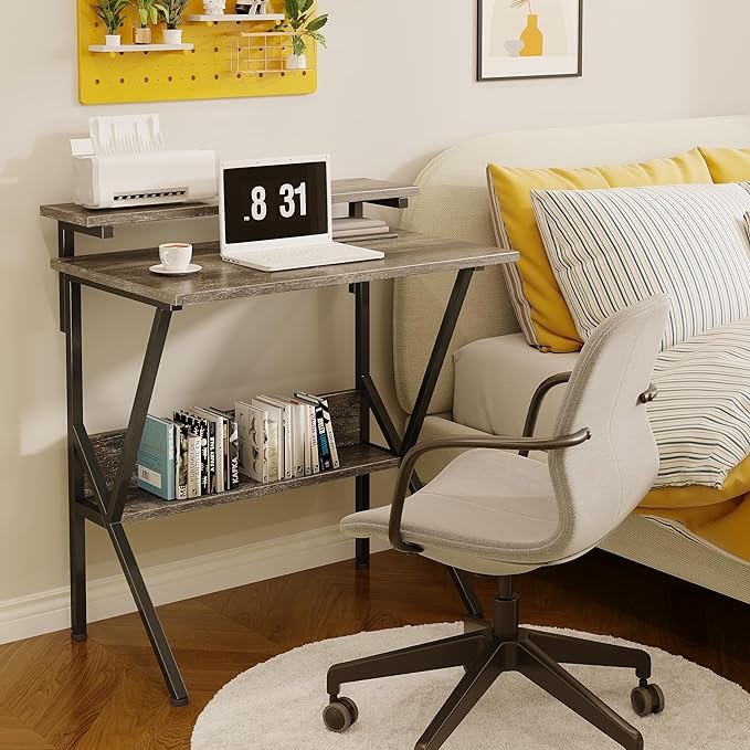 COTUBLR Small Desk, Small Computer Desk for Small Spaces, 27.5 Inch Computer Desk with Adjustable Monitor Stand, Compact Desk with Storage, Tiny Desk Study Desk for Bedroom Home Office, Grey - LeafyLoom
