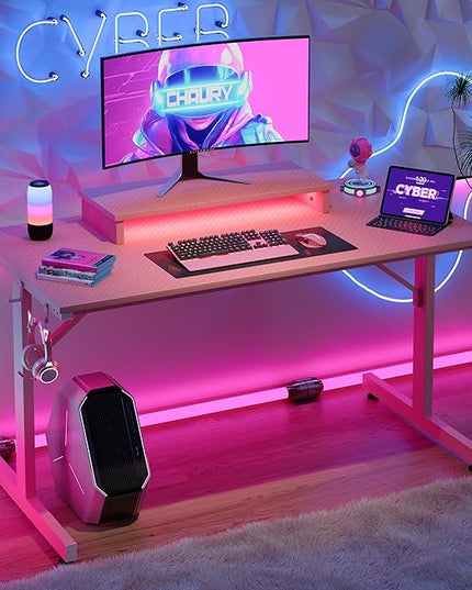 Bestier Small Gaming Desk with Monitor Stand, 42 inch LED Computer Desk, Gamer Workstation with Cup Holder & Headset Hooks, Modern Simple Style Desk for Home Office, Carbon Fiber Pink - LeafyLoom