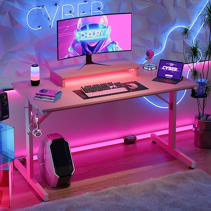 Bestier Small Gaming Desk with Monitor Stand, 42 inch LED Computer Desk, Gamer Workstation with Cup Holder & Headset Hooks, Modern Simple Style Desk for Home Office, Carbon Fiber Pink - LeafyLoom