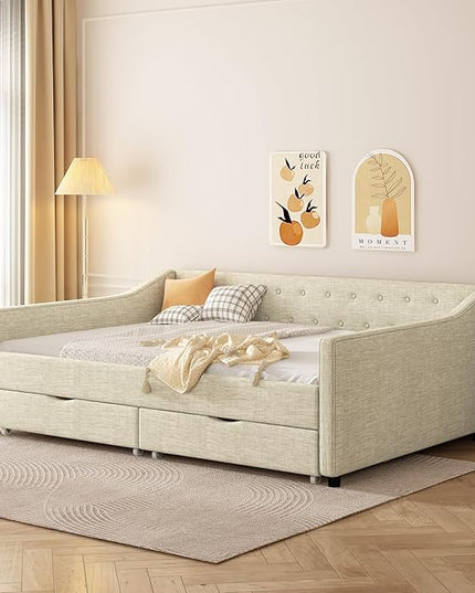 Full Size Daybed with 2 Drawers, Upholstered Tufted Sofa Bed with Button on Back and Piping on Waved Shape Arms for Bedroom, Apartment, Living Room, Wooden Slats Support, Beige - LeafyLoom