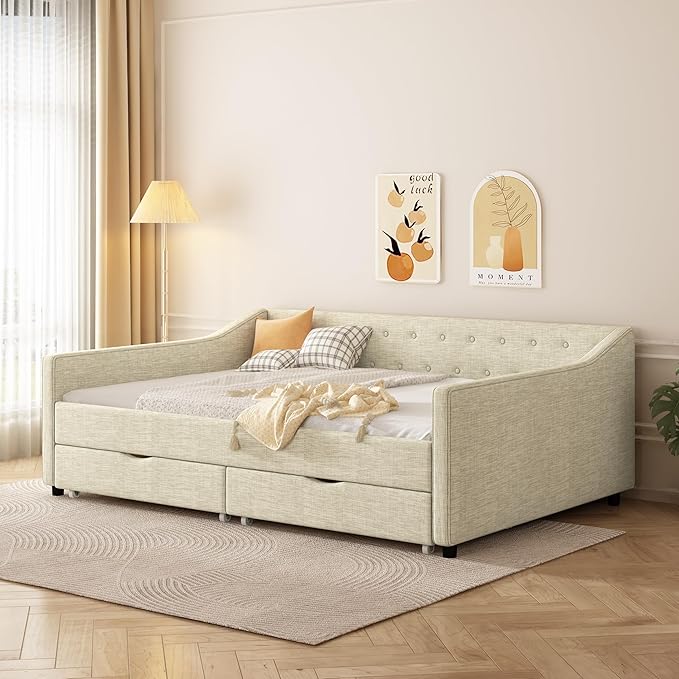 Full Size Daybed with 2 Drawers, Upholstered Tufted Sofa Bed with Button on Back and Piping on Waved Shape Arms for Bedroom, Apartment, Living Room, Wooden Slats Support, Beige - LeafyLoom