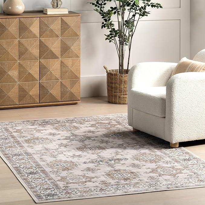 nuLOOM Finley Machine Washable Vintage Distressed Ultra Thin Area Rug, 5' x 8', Ivory - LeafyLoom