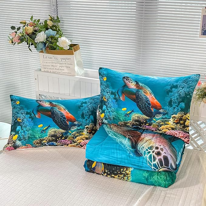 CVHOUSE Sea Turtle Bedding Set,Sea Turtle Comforter King,Ocean Beach Comforter Set for Boys Kids Girls,Ocean Quilt Set with 1 Comforter and 2 Pillow Cases - LeafyLoom