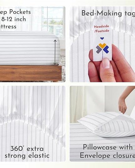 California Design Den Stripe Twin Sheets Set, 100% Cotton 3 Pc Deep Pocket Twin Size Sheets & Pillowcase Set - Classic Stripe - LeafyLoom