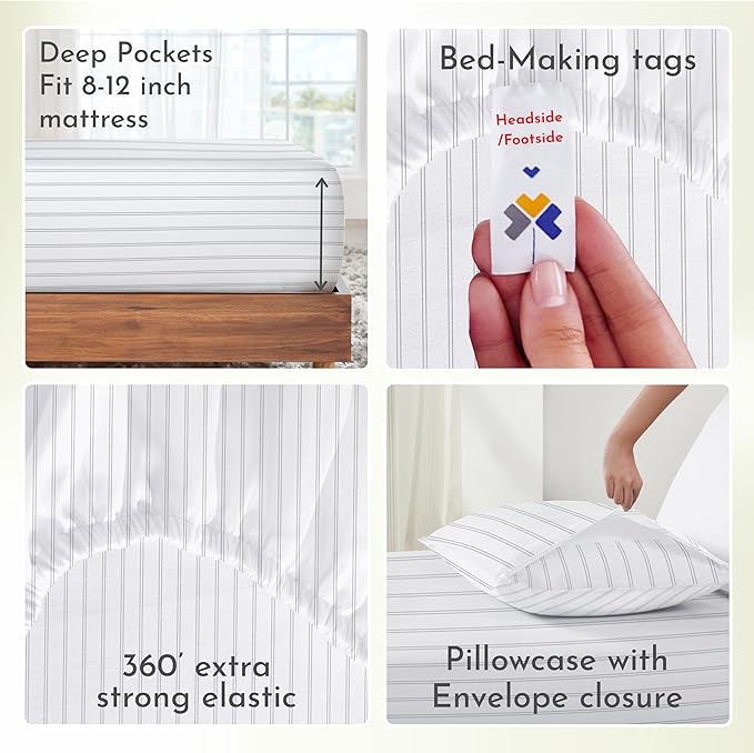 California Design Den Stripe Twin Sheets Set, 100% Cotton 3 Pc Deep Pocket Twin Size Sheets & Pillowcase Set - Classic Stripe - LeafyLoom