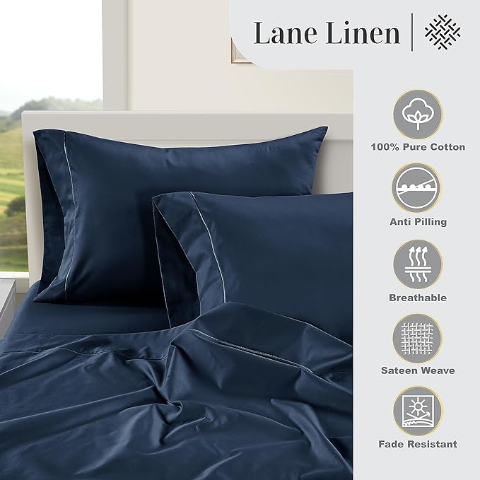 LANE LINEN 100% Egyptian Cotton Twin Sheets Set (3 Pc) – 1000 Thread Count – Sateen Weave - Ultra Soft Twin Bed Sheets – Luxury Hotel Bedding – Twin Size Sheets Set with Deep Pockets – Estate Blue - LeafyLoom