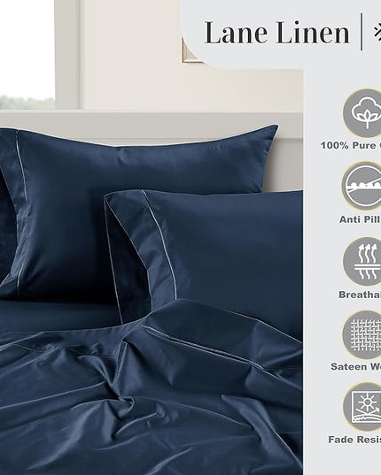 LANE LINEN 100% Egyptian Cotton Bed Sheets - 1000 Thread Count 4-Piece King Sheets Set, Long Staple Cotton Bedding Sheets, Sateen Weave, Luxury Hotel Sheets, Fits Upto 16" Mattress - Estate Blue - LeafyLoom