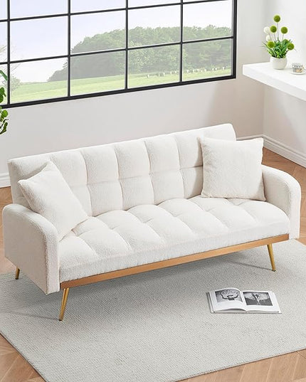 Fabric Teddy Fleece Folding Futon Sofa Bed w/Adjustable Backrests, 2 Seater Tufted Convertible Lounge Couch Recliner Loveseat with Metal Golden Legs for Living Room, Office,Bedroom, Beige 69" - LeafyLoom