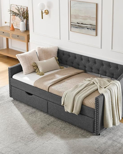RITSU Twin Size Mid-Century Daybed, 2 Storage Drawers,Linen Button Upholstered Tufted Sofa Bed, Copper Nail on Waved Shape Arms, No Box Spring Needed,for Bedroom, Livingroom, Dark Grey, 81.50 - LeafyLoom
