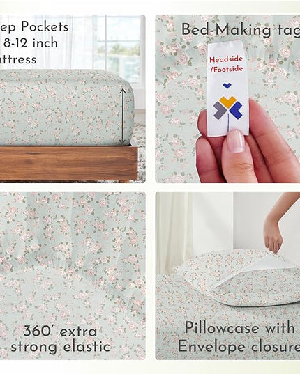 California Design Den Rose Sheet Set Twin XL, 100% Cotton 3 Pc Deep Pocket Twin XL Sheets & Pillowcase Set - Vintage Rose - LeafyLoom