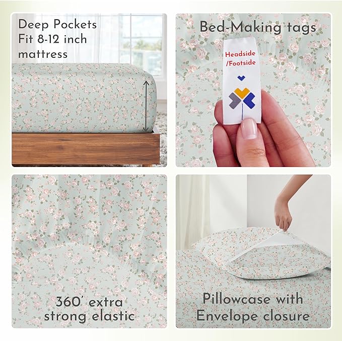 California Design Den Rose Sheet Set Twin XL, 100% Cotton 3 Pc Deep Pocket Twin XL Sheets & Pillowcase Set - Vintage Rose - LeafyLoom