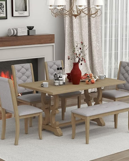 Solid Wood, Kitchen Dining, 6-Piece Retro Dinette Set with Unique-Designed Table Legs and Foam-Covered Seat Backs & Cushions for Living Room, Gray Wash - LeafyLoom
