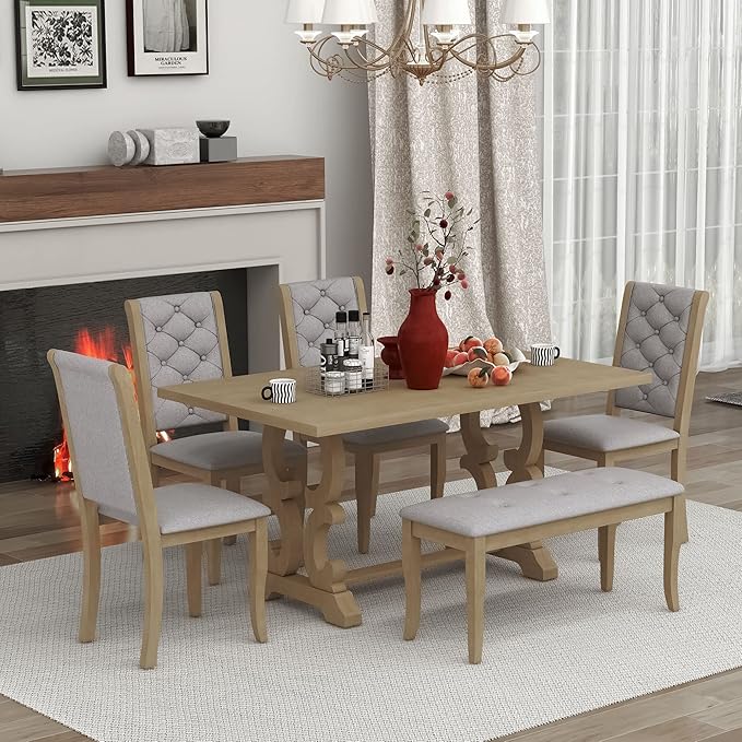 Solid Wood, Kitchen Dining, 6-Piece Retro Dinette Set with Unique-Designed Table Legs and Foam-Covered Seat Backs & Cushions for Living Room, Gray Wash - LeafyLoom