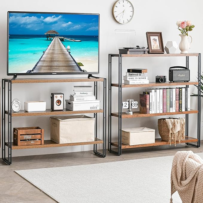 Bookshelf,4-Tier Industrial Bookcase,Rustic Wood and Metal Open Display Book Shelves Home Office,Bedroom Standing Shelf Unit,Horizontal Kitchen Shelf Organizer,Bathroom Storage Rack Mid Century 47in - LeafyLoom